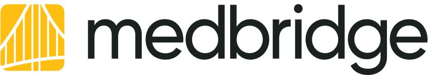 Medbridge logo with bold black text and a yellow abstract bridge graphic on the left.